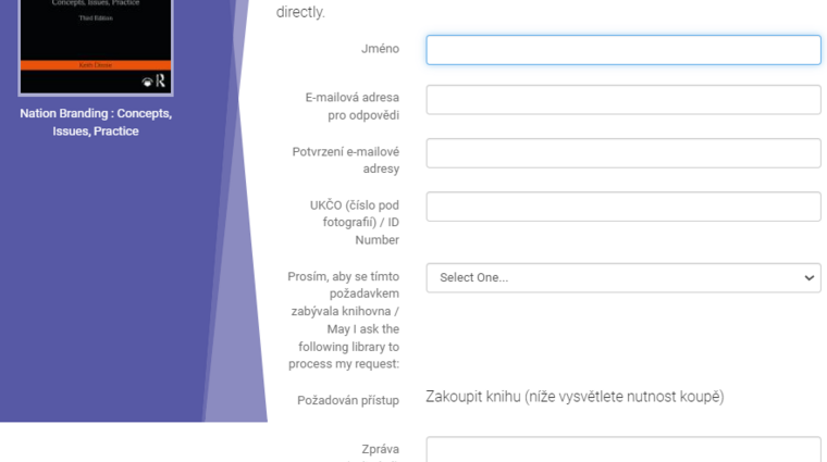 Pokud jste přihlášeni jako uživatel z UK a e-knihu následně chcete získat celou, klikněte na Požadavek a vyplňte poptávkový formulář: